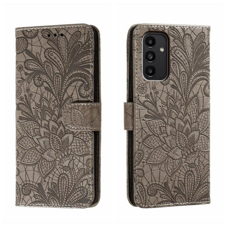 Para Samsung Galaxy A14 4G Flor de encaje en relieve Flip Funda de cuero para teléfono (Gris)