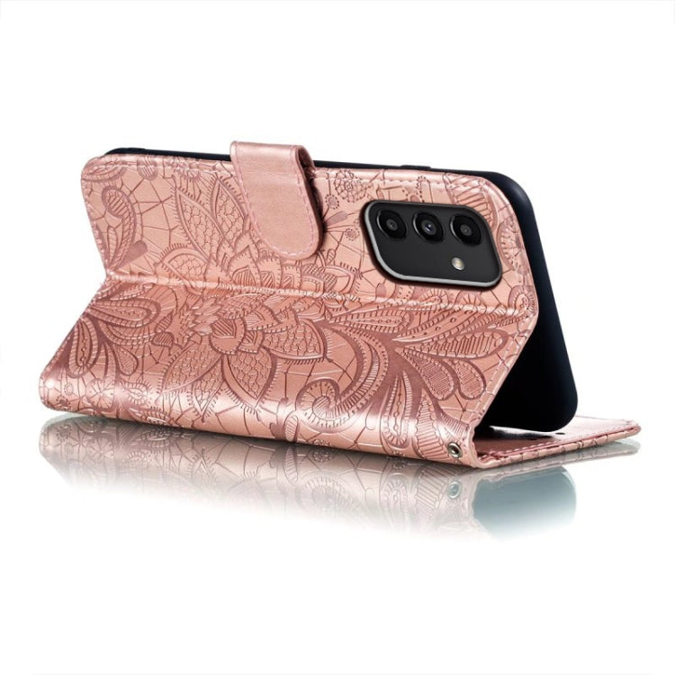 Para Samsung Galaxy A14 4G Flor de encaje en relieve Flip Funda de cuero para teléfono (Oro rosa)