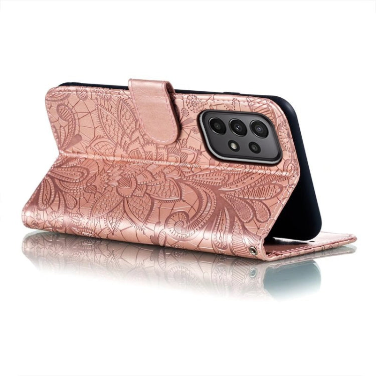 Para Samsung Galaxy A24 5G Flor de encaje en relieve Flip Funda de cuero para teléfono (Oro rosa)