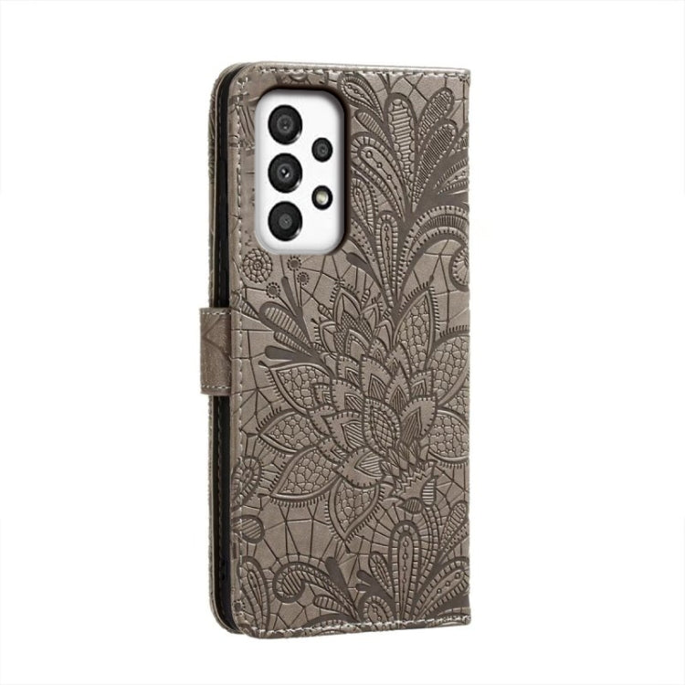 Para Samsung Galaxy A34 5G Flor de encaje en relieve Flip Funda de cuero para teléfono (Gris)