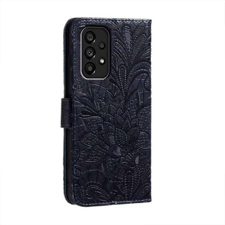 Para Samsung Galaxy A54 5G Lace Flower Relieve Funda de cuero con tapa para teléfono (Azul oscuro)