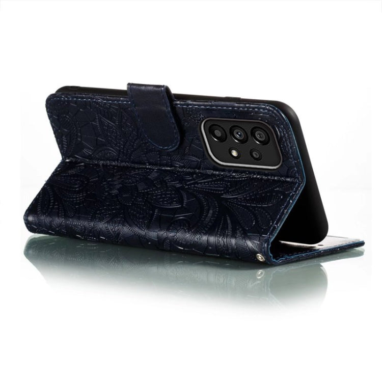 Para Samsung Galaxy A54 5G Lace Flower Relieve Funda de cuero con tapa para teléfono (Azul oscuro)