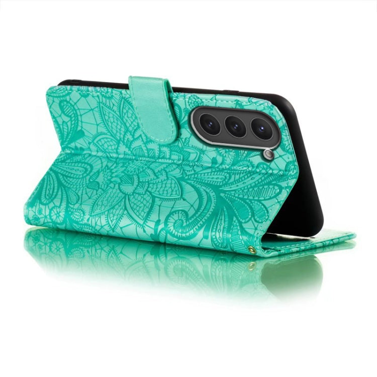 Para Samsung Galaxy S23 5G Flor de encaje en relieve Flip Funda de cuero para teléfono (Verde)