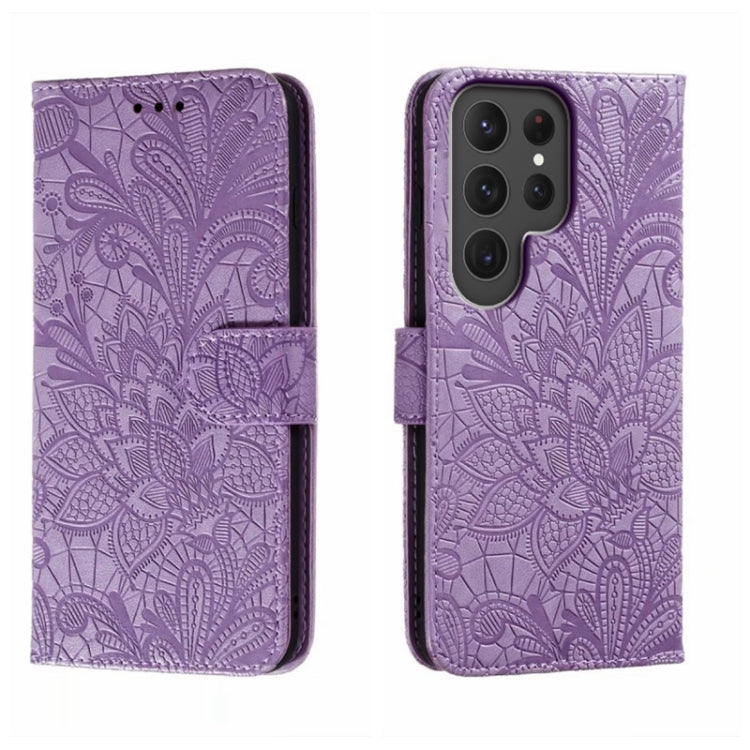 Para Samsung Galaxy S23 Ultra 5G Flor de encaje en relieve Flip Funda de cuero para teléfono (Púrpura)