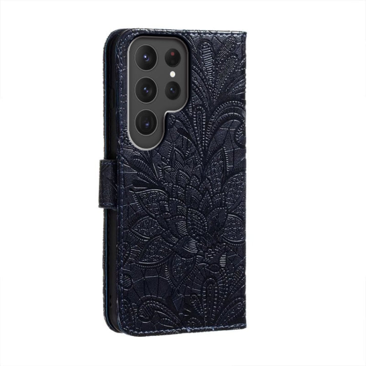 Para Samsung Galaxy S23 Ultra 5G Lace Flower Relieve Flip Funda de cuero para teléfono (Azul oscuro)