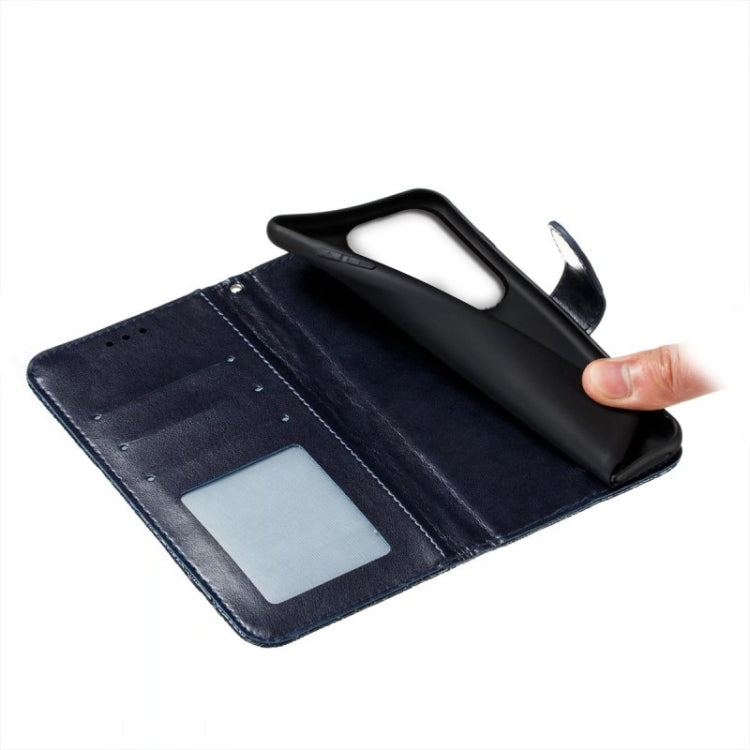 Para Samsung Galaxy S23 Ultra 5G Lace Flower Relieve Flip Funda de cuero para teléfono (Azul oscuro)