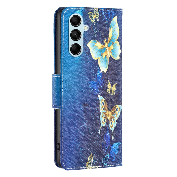 Para Samsung Galaxy M14 5G Estuche para teléfono de cuero con dibujo coloreado (mariposa dorada)