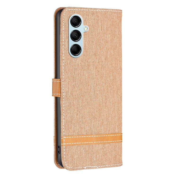Para Samsung Galaxy M14 5G Color Block Denim Texture Leather Phone Case (marrón)