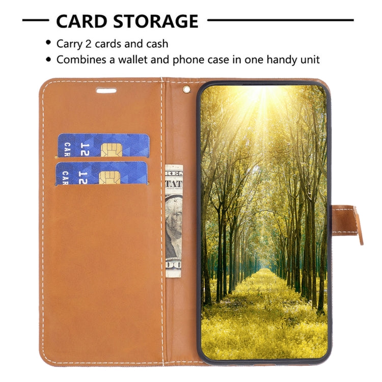 Para Samsung Galaxy M14 5G Color Block Denim Texture Leather Phone Case (marrón)