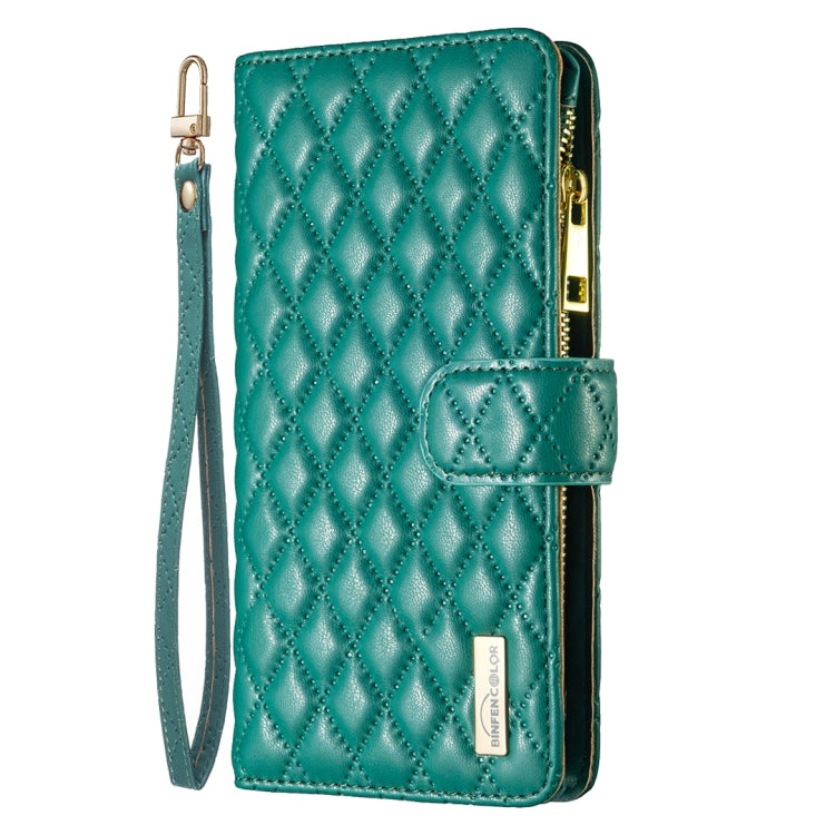 Para Samsung Galaxy M14 5G Diamond Lattice Zipper Wallet Funda de cuero con tapa para teléfono (Verde)