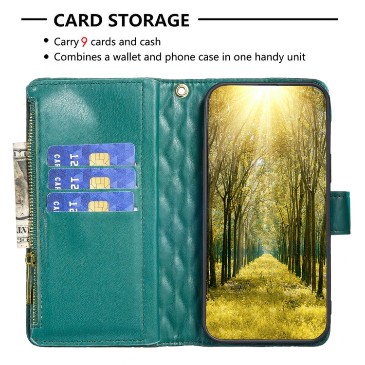 Para Samsung Galaxy M14 5G Diamond Lattice Zipper Wallet Funda de cuero con tapa para teléfono (Verde)