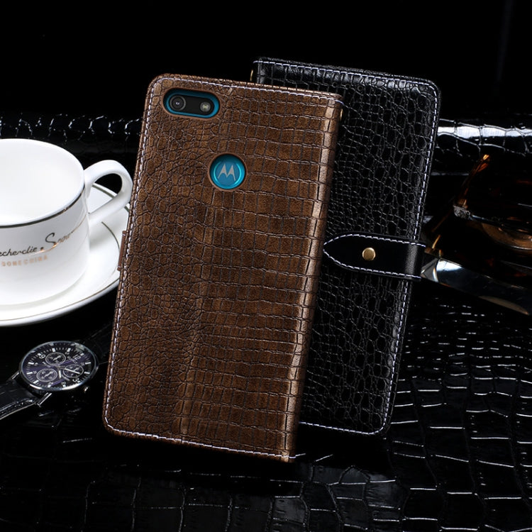 Para Motorola Moto E6 Play idewei Crocodile Texture Funda de cuero con tapa horizontal con soporte, ranuras para tarjetas y billetera (azul oscuro)