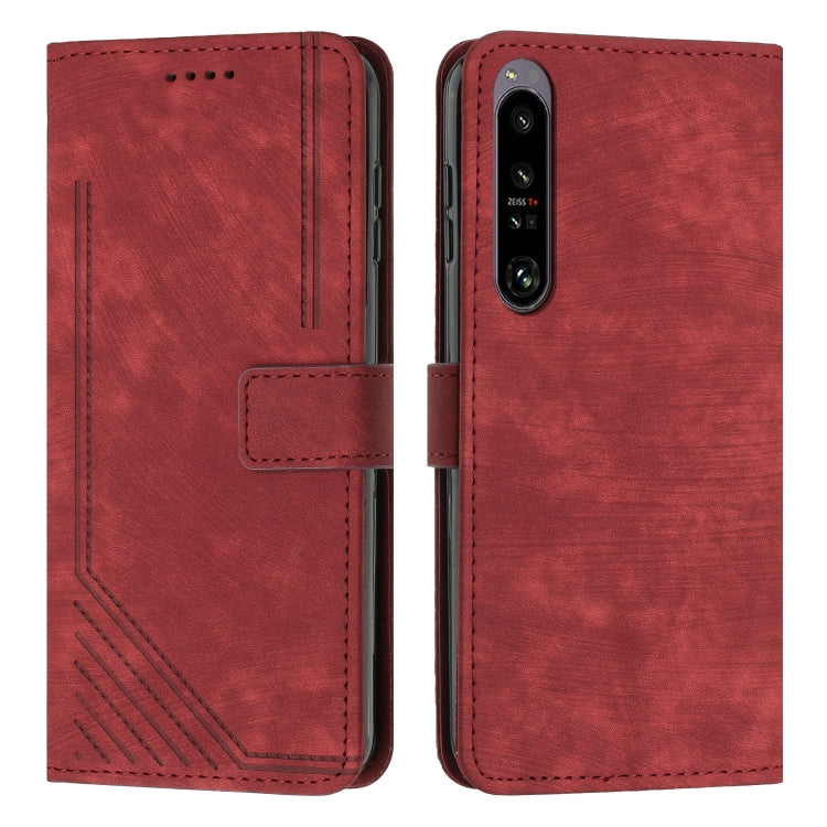 Funda de Cuero para Sony Xperia 1 IV con Cordón y Skin Feel Stripe (Rojo)