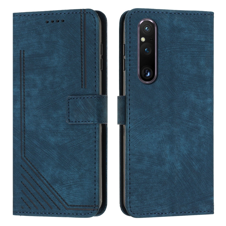 Funda de Cuero para Sony Xperia 1 V (2023) con Cordón y Patrón Skin Feel Stripe (Azul)