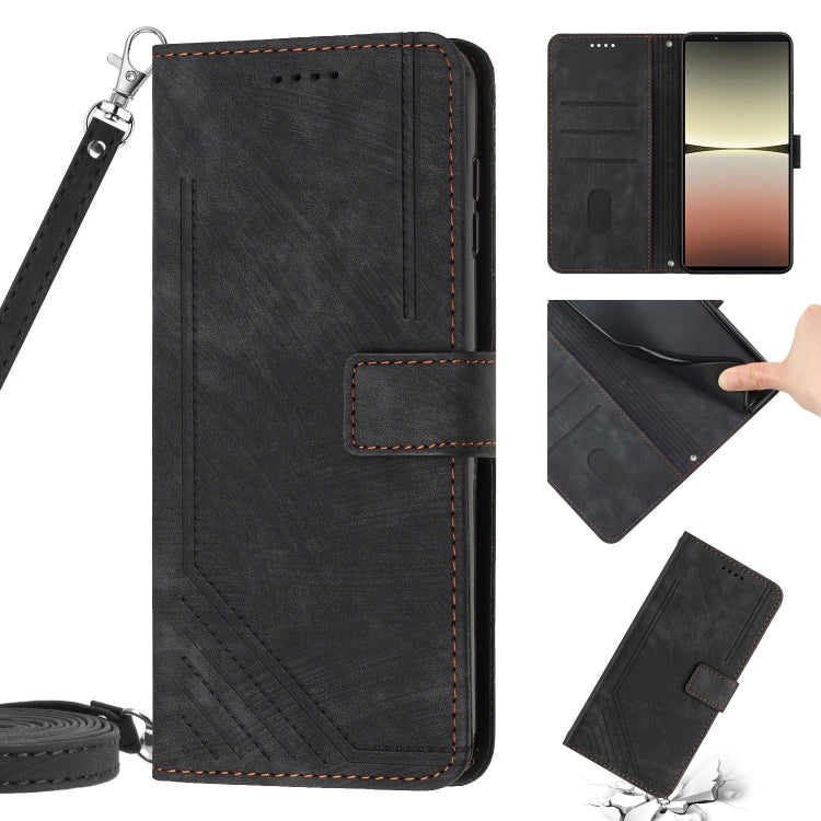 Funda de Cuero para Sony Xperia 1 V (2023) con Cordón y Patrón Skin Feel Stripe (Negro)