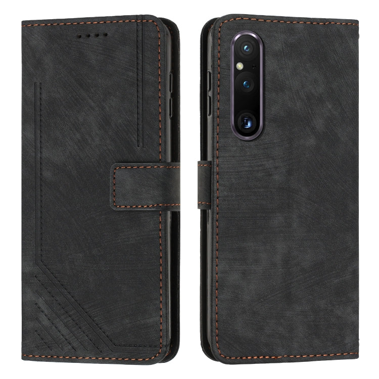 Funda de Cuero para Sony Xperia 1 V (2023) con Cordón y Patrón Skin Feel Stripe (Negro)