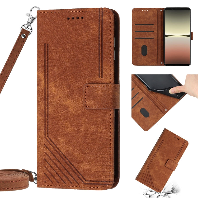 Funda de Cuero para Sony Xperia 10 V (2023) con Cordón y Diseño Stripe Pattern (Marrón)