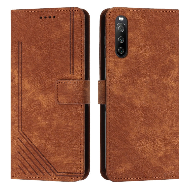 Funda de Cuero para Sony Xperia 10 V (2023) con Cordón y Diseño Stripe Pattern (Marrón)