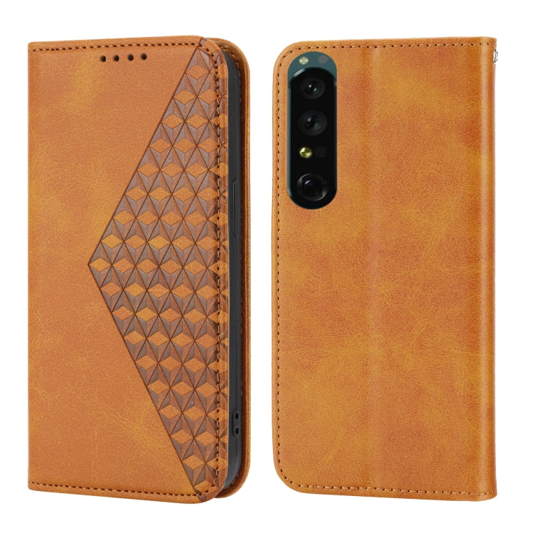 Funda de Cuero Magnética para Sony Xperia 1 V 5G Cubic Grid Textura de Becerro (Amarillo)
