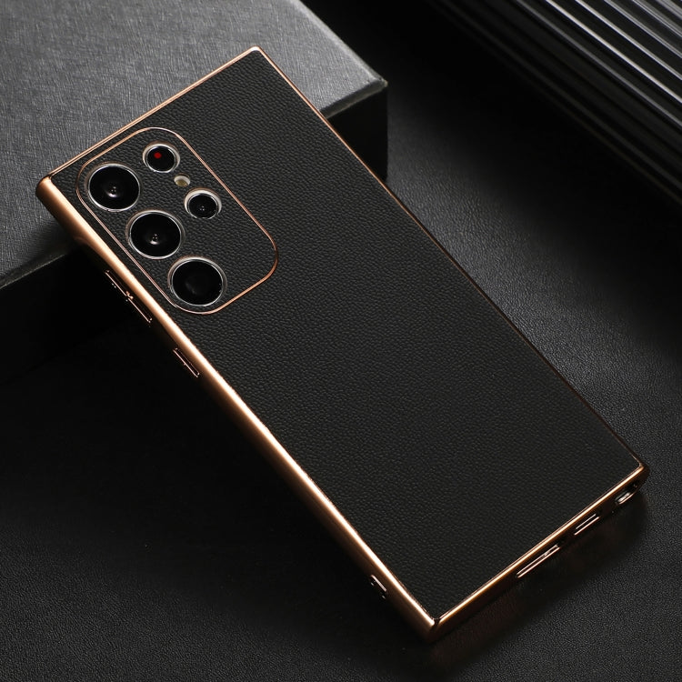 Para Samsung Galaxy S23 Ultra 5G Cuero Genuino Serie Luolai Nano Plating Phone Case (Negro)