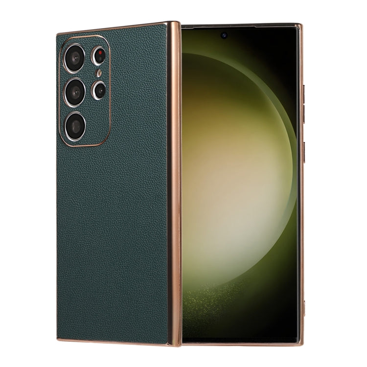 Para Samsung Galaxy S23 Ultra 5G Funda de teléfono de cuero genuino Luolai Series Nano Plating (Verde oscuro)