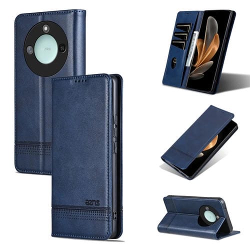 Funda de Cuero para Honor X60 Azns con Tapa Magnética y Textura de Piel de Becerro (Azul Oscuro)