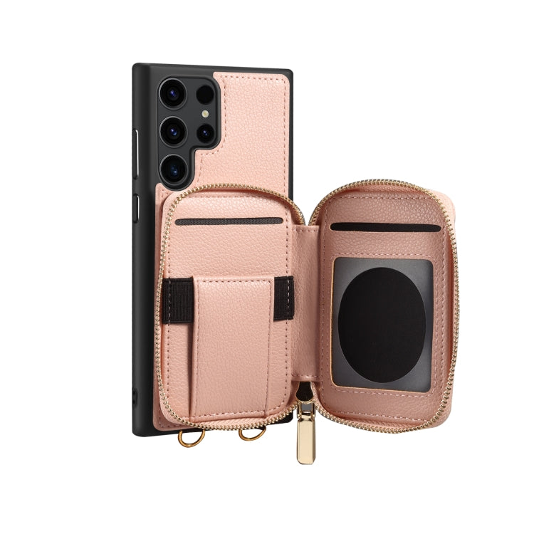 Para Samsung Galaxy S23 Ultra 5G Estuche para teléfono con ranura para tarjeta con cremallera (rosa)