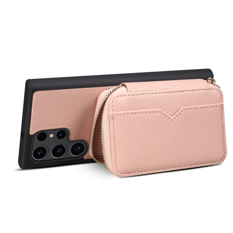 Para Samsung Galaxy S23 Ultra 5G Estuche para teléfono con ranura para tarjeta con cremallera (rosa)