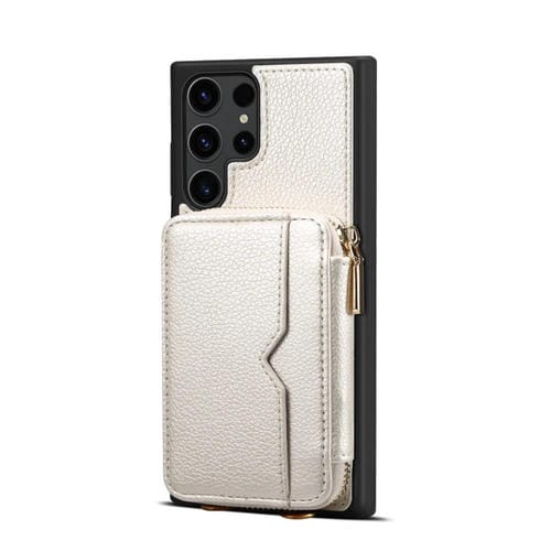 Para Samsung Galaxy S22 Ultra 5G Estuche para teléfono con ranura para tarjeta con cremallera (Blanco)