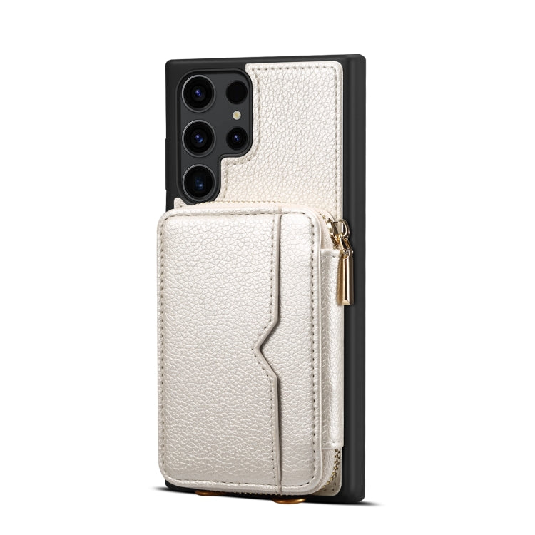 Para Samsung Galaxy S22 Ultra 5G Estuche para teléfono con ranura para tarjeta con cremallera (Blanco)