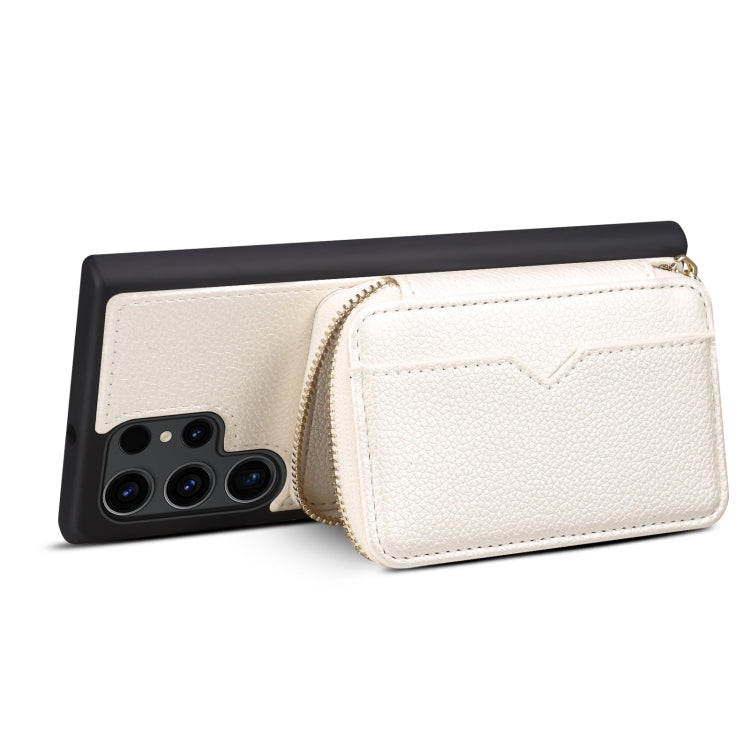 Para Samsung Galaxy S22 Ultra 5G Estuche para teléfono con ranura para tarjeta con cremallera (Blanco)