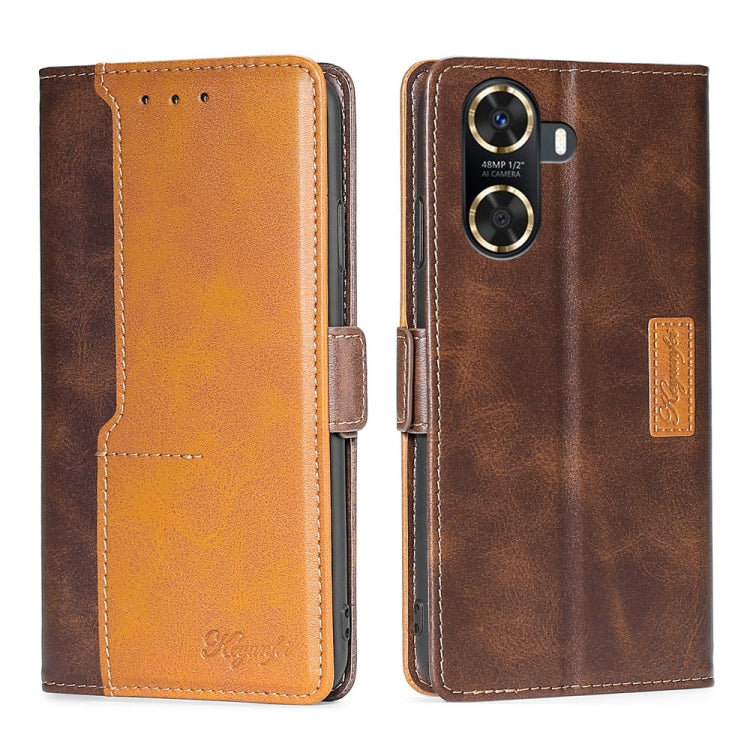 Funda de Cuero para Huawei Enjoy 60 con Hebilla Lateral y Color de Contraste (Marrón Oscuro + Dorado)