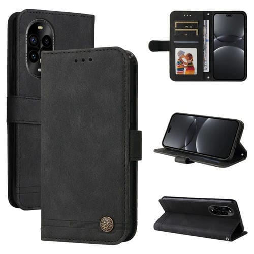 Funda de Cuero con Botones de Metal y Diseño Árbol de la Vida para Huawei Nova 13 Pro (Negro)