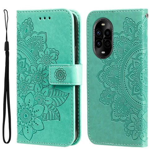 Funda de Cuero con Relieve de Flores de Siete Pétalos para Huawei Nova 13 Pro (Verde)