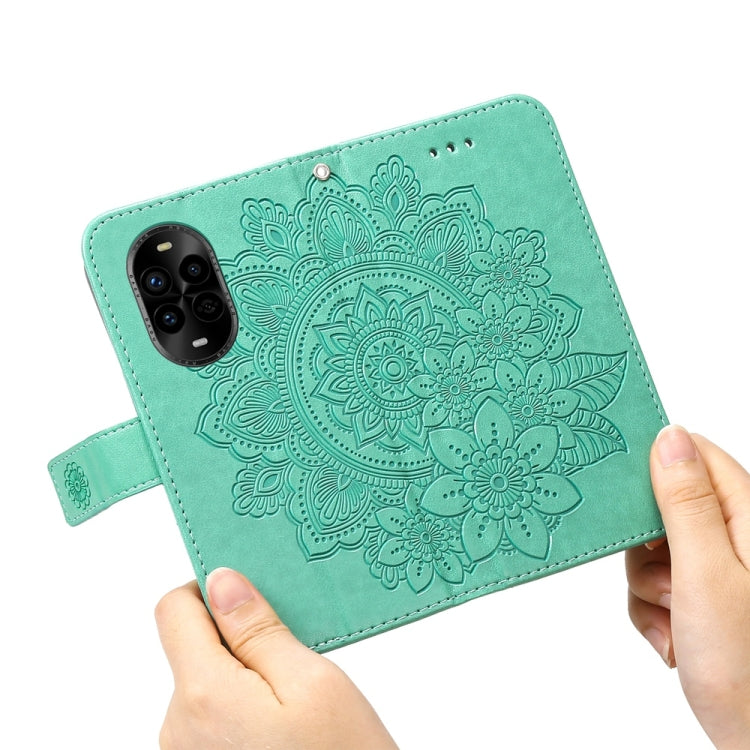 Funda de Cuero con Relieve de Flores de Siete Pétalos para Huawei Nova 13 Pro (Verde)
