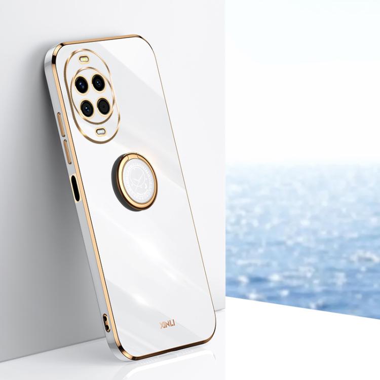 Funda de TPU con borde recto 6D galvanizado y soporte para anillo para Huawei Nova 14 XINLI (blanca)