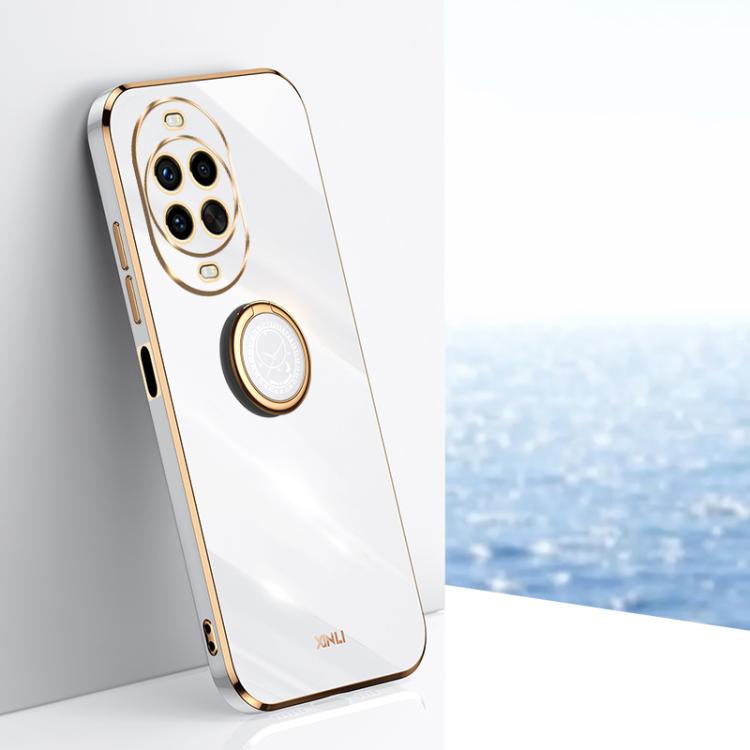 Funda de TPU con borde recto 6D galvanizado y soporte para anillo para Huawei Nova 14 Ultra XINLI (blanca)