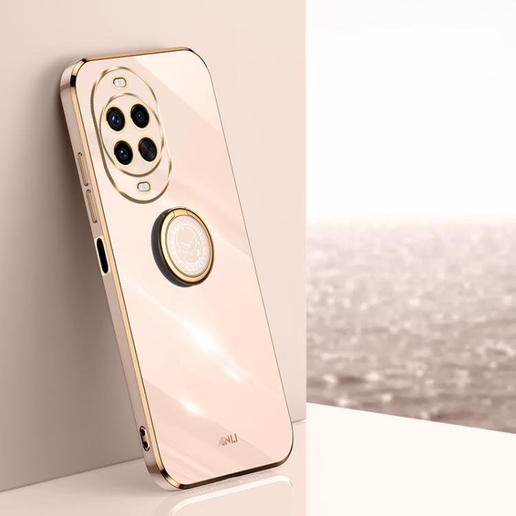 Funda de TPU con borde recto 6D galvanizado y soporte para anillo para Huawei Nova 14 Ultra XINLI (rosa)