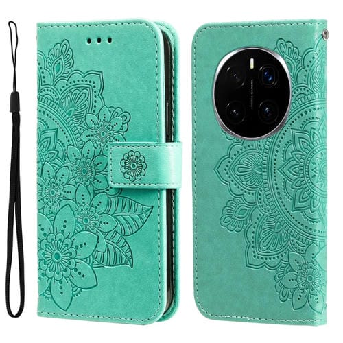 Funda de Cuero con Estampado de Flores de Siete Pétalos para Honor Magic7 Pro (Verde)