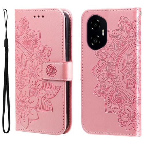 Funda de Cuero con Relieve Flores Siete Pétalos para Teléfono For Honor 300 (Oro Rosa)