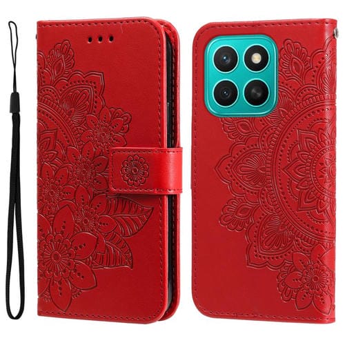 Funda de Cuero con Estampado de Flores de Siete Pétalos para Honor X8C 4G (Roja)