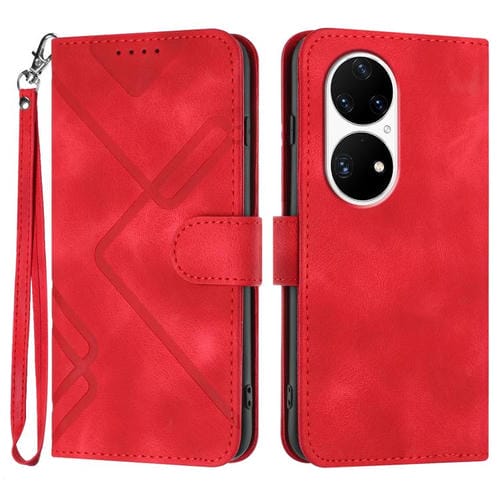 Funda de Piel Sintética con Diseño de Líneas para Huawei P50 Pro (Roja)