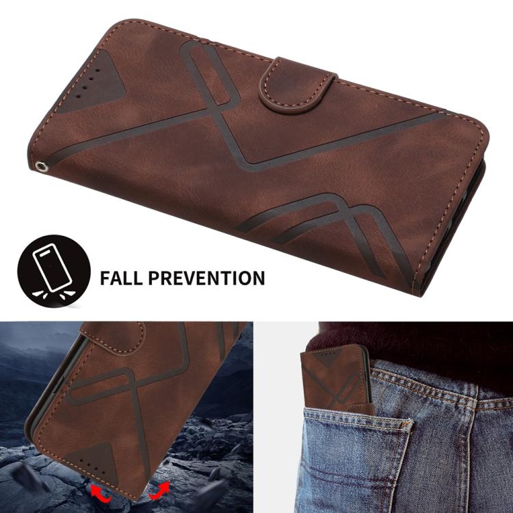 Funda de Cuero para Huawei Enjoy 20E con Diseño de Líneas y Tacto de Piel (Café)