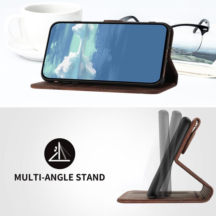 Funda de Cuero para Huawei Enjoy 50 y Nova Y70 con Diseño de Líneas y Tacto Suave (Café)