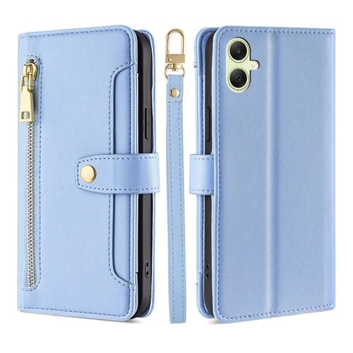 Funda para Samsung Galaxy A05 4G Lite Cuero con Billetera Cremallera Cuerpo Cruzado Textura Oveja (Azul)