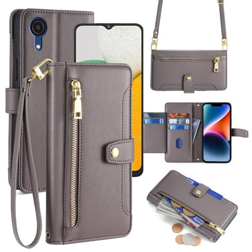 Funda de Cuero Samsung Galaxy A03 Core Sheep Texture con Billetera, Cremallera y Cuerpo Cruzado (Gris)