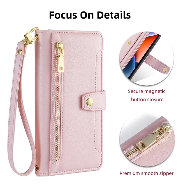 Estuche de Cuero Samsung Galaxy A12 con Billetera y Cremallera Cuerpo Cruzado Textura de Oveja (Rosa)