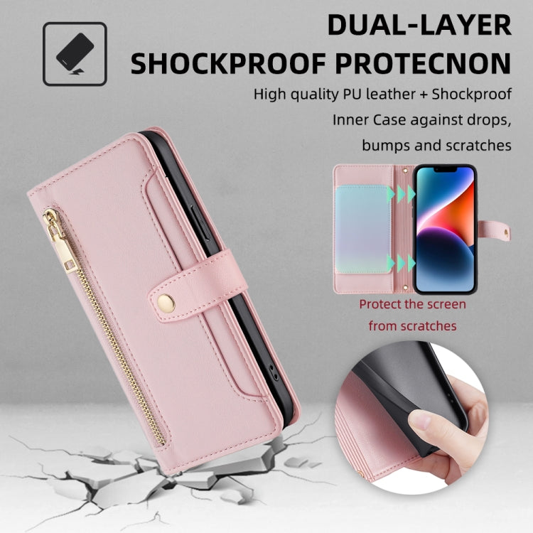 Estuche de Cuero Samsung Galaxy A12 con Billetera y Cremallera Cuerpo Cruzado Textura de Oveja (Rosa)