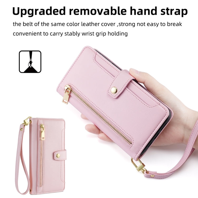 Estuche de Cuero Samsung Galaxy A12 con Billetera y Cremallera Cuerpo Cruzado Textura de Oveja (Rosa)