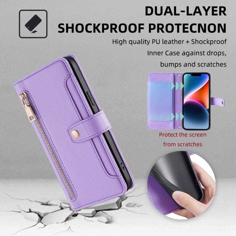 Estuche de Cuero Samsung Galaxy A23 con Billetera, Cremallera y Textura de Oveja (Púrpura)